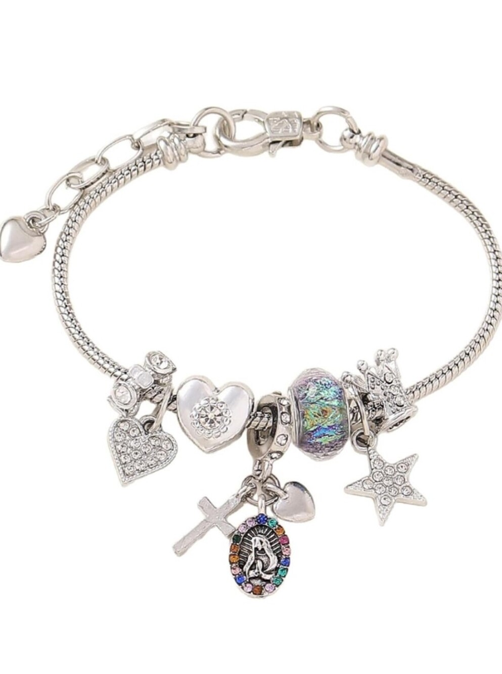 Charm Bracelet with Heart, Cross & Star Charms - Silver